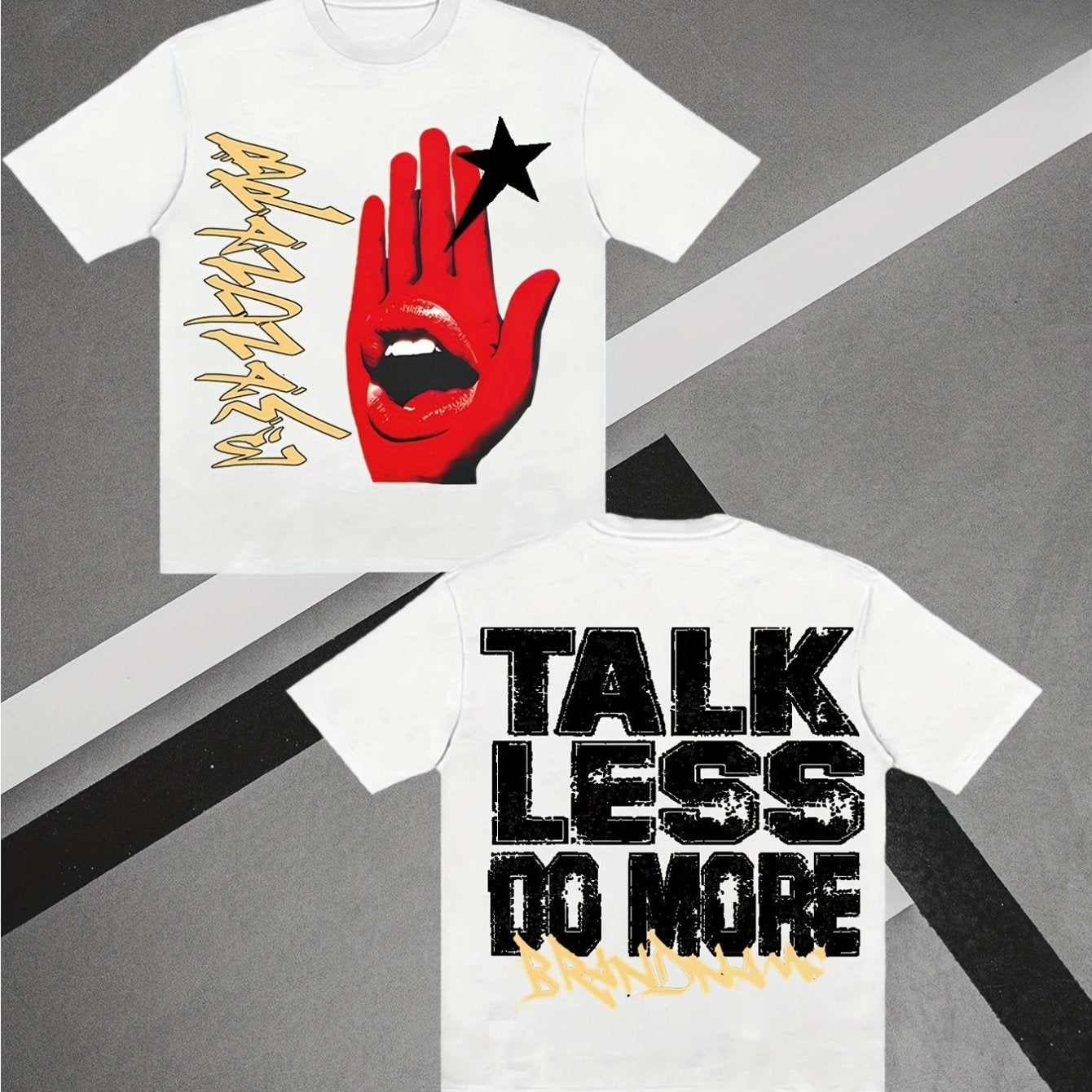 Men's Black Retro Streetwear T-Shirt with Iconic "Talk Less Do More" Hand Gesture & Golden/White Back Print - Loose Fit Short Sleeve Crew Neck Casual Shirt, Double-Sided Slogan Design (Inspired by Iconic Movie/TV Gesture), Ha