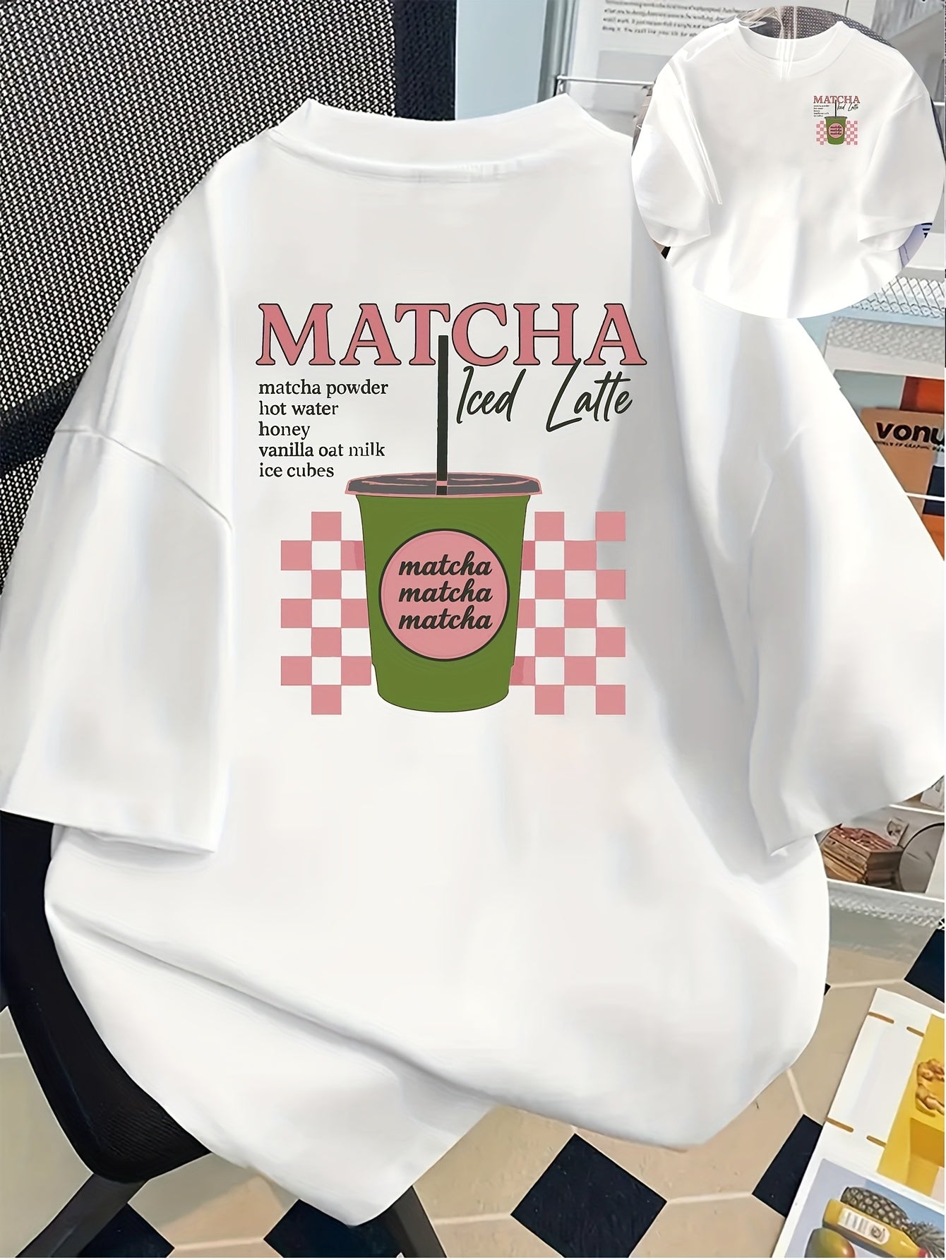 [Trendy, Matcha Lover Tee] Trendy Casual Tee - Women's Matcha Lover Graphic Tee | Light Pink with Green & White Checkered Design, "Matcha Powder Hot Water Vanilla Oat Milk Ice Cubes" Print, Casual Short Sleeve Crew Neck, Perf
