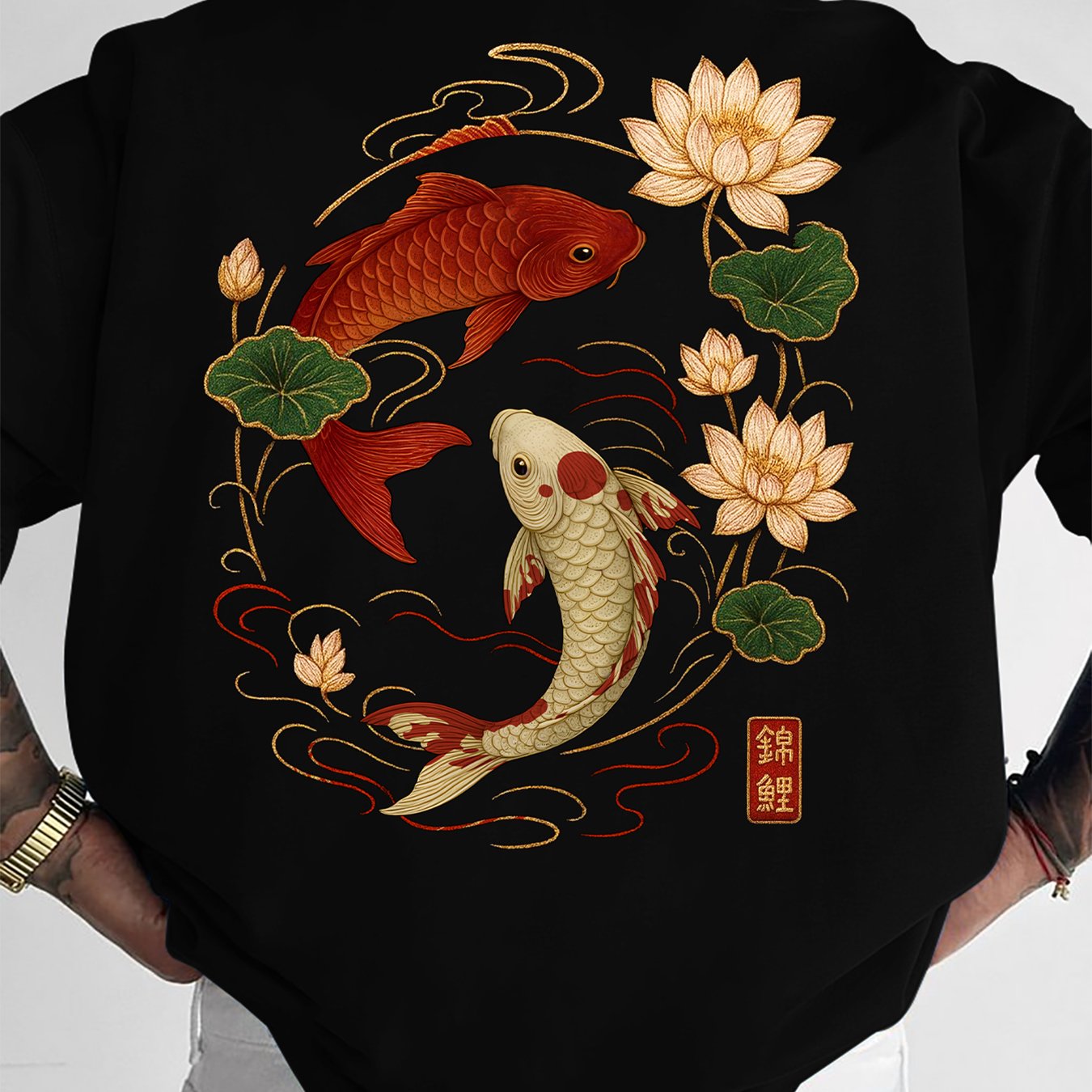 Men's Korean Style Koi Fish & Lotus T-Shirt, Dark Green/Black with Golden/Yellow Koi Print, Loose Fit Streetwear Summer Tee, Machine Washable Soft Polyester-Like Fabric, Casual & Asian-Themed Outfits, Halloween Costume, Tops,