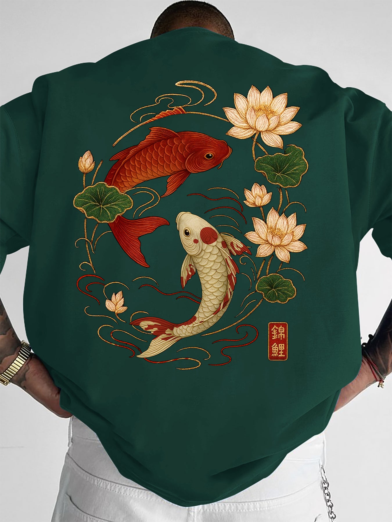 Men's Korean Style Koi Fish & Lotus T-Shirt, Dark Green/Black with Golden/Yellow Koi Print, Loose Fit Streetwear Summer Tee, Machine Washable Soft Polyester-Like Fabric, Casual & Asian-Themed Outfits, Halloween Costume, Tops,