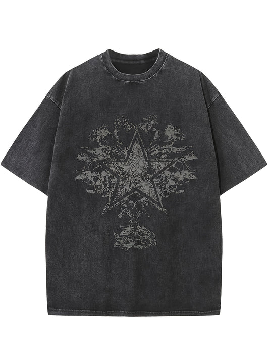 pentagram Me Oversized Cotton Solid Drop Shoulder T Shirts for Men Vintage Streetwear Basic Tees Baggy Hip Hop Unisex Tops Acid Wash Tshirt