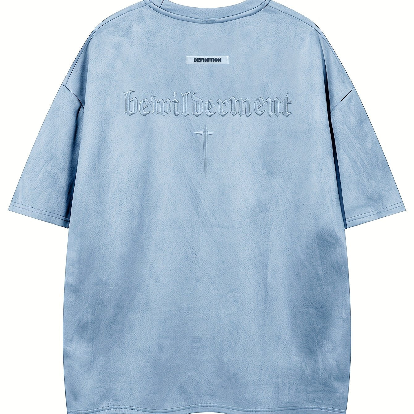 Men'S Casual Streetwear Embroidered Suede-Like Short Sleeve T-Shirt - Loose Fit, Round Neck, Summer Fashion, Black with White Cross Design, Everyday Tshirt | Streetwear Style | Suede Texture