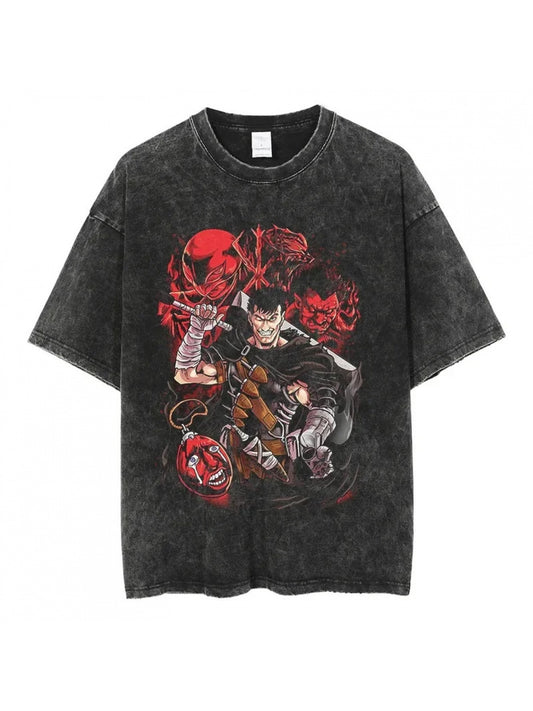 Men Streetwear Vintage Black Tshirt Harajuku Japanese Anime Print T-Shirt Summer Short Sleeve Cotton Loose Washed Tops Tees