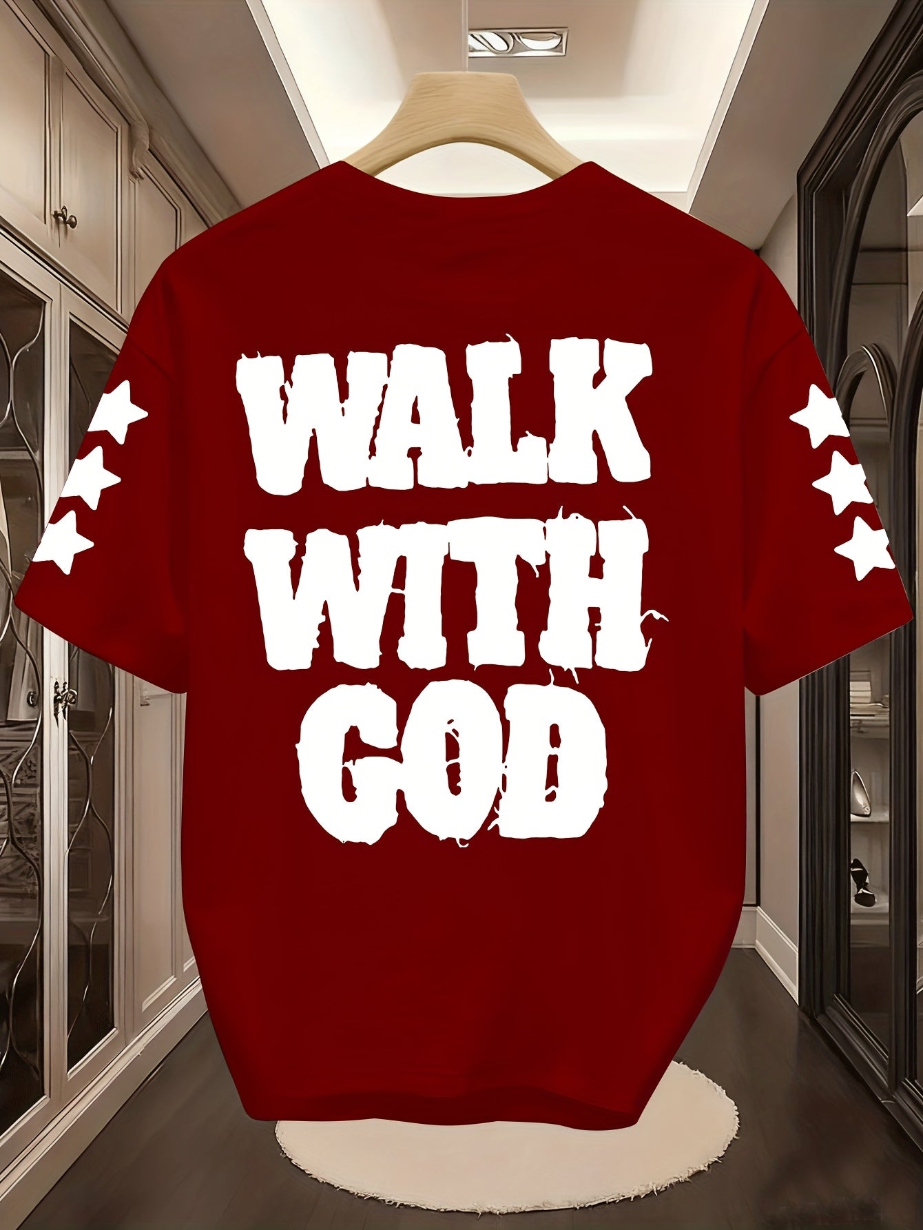 Men'S "Walk with God" Graphic Tee - Black Short Sleeve with White Lettering & Star Accents, Street Style, Comfortable Summer Shirt for Casual Outings, Everyday Tshirt | Bold Graphic Tee | Comfortable Fabri