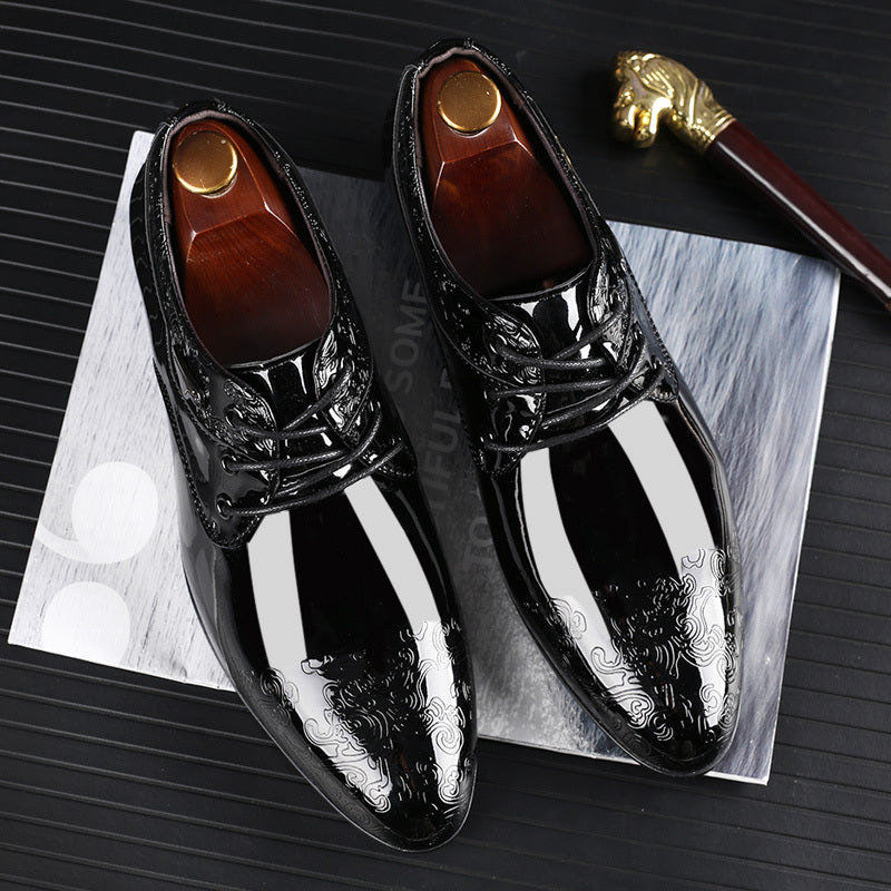 Elegant Men's Glossy Derby Shoes - Striped Lace-Up Dress Footwear with Comfortable Rubber Sole for Formal Occasions