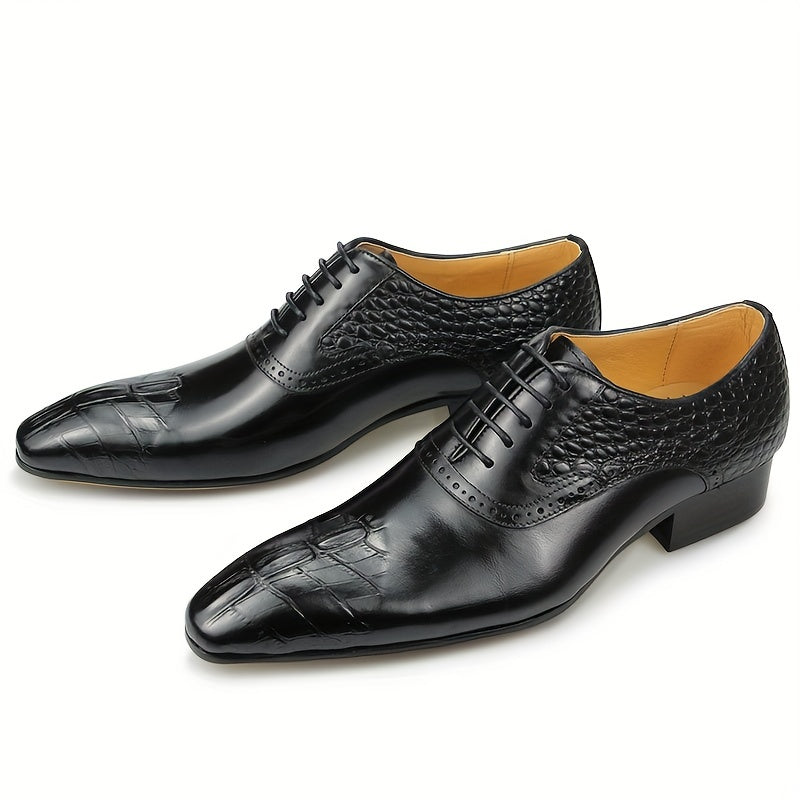 Topgrain Leather] Elegant Men's Black Oxford Dress Shoes with Crocodile Print - Lace-Up, Pointed Toe, High-Quality Rubber Sole for Business & Formal Events