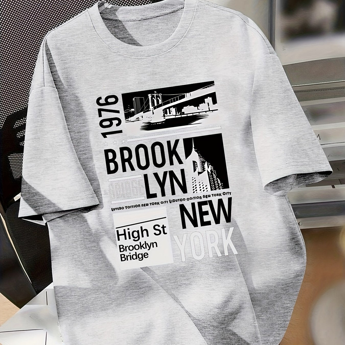 Boys' 1976 Brooklyn NY Graphic T-Shirt - Casual Crew Neck, Short Sleeve, Light Gray with Black Print, Polyester Blend, Spring/Summer Tee for Teens, Summer Tshirt | Trendy Youth Fashion | Stretch Knit Fabric