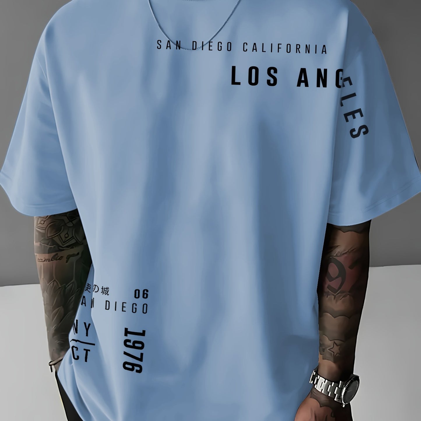 Men'S Casual "Los Angeles" Graphic T-Shirt - Blue, Short Sleeve, Round Neck, Comfortable & Stylish Summer Top with White Lettering, Perfect for Streetwear or Casual Attire, Everyday Tshirt | Streetwear Style | Comfortable Fit