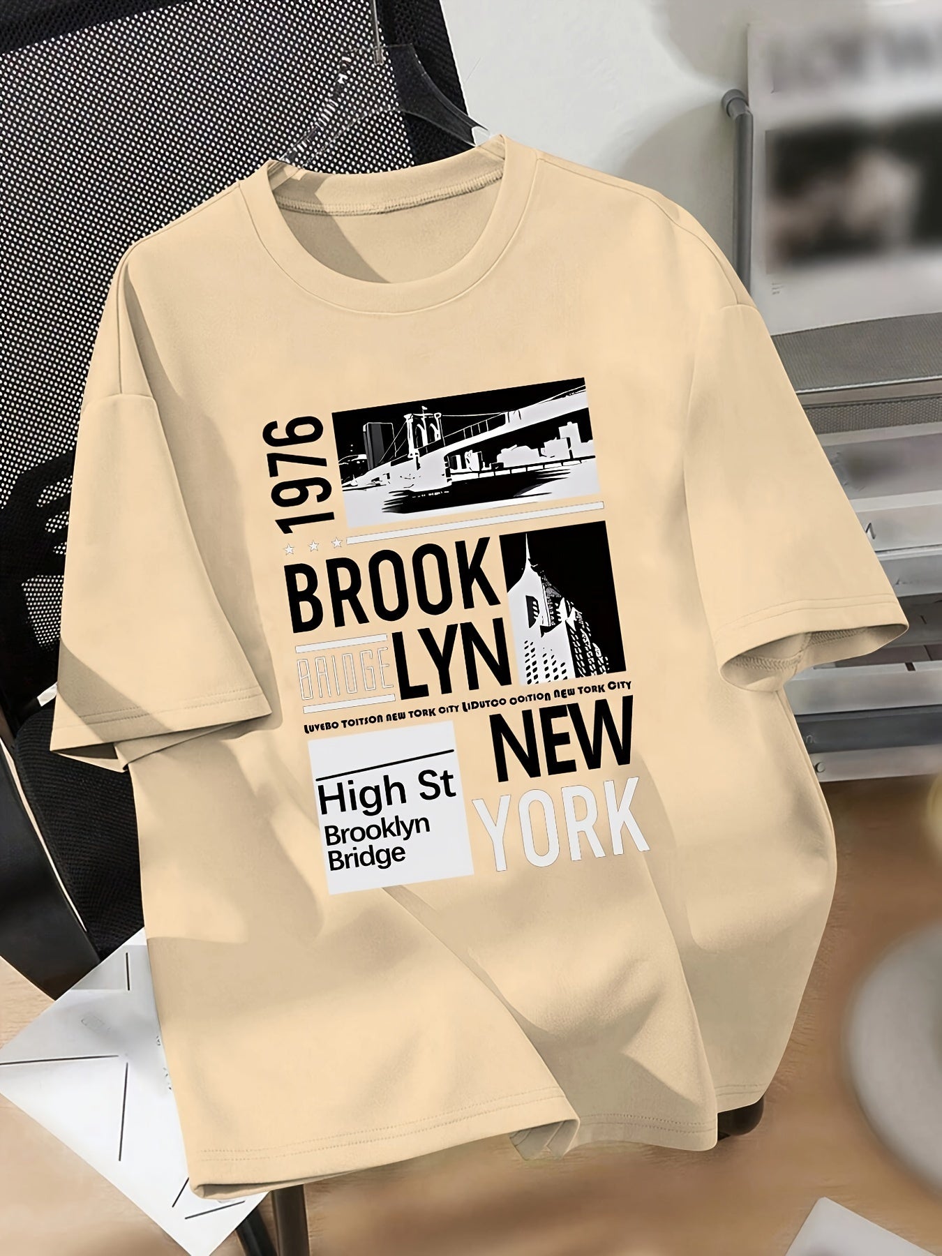 Boys' 1976 Brooklyn NY Graphic T-Shirt - Casual Crew Neck, Short Sleeve, Light Gray with Black Print, Polyester Blend, Spring/Summer Tee for Teens, Summer Tshirt | Trendy Youth Fashion | Stretch Knit Fabric