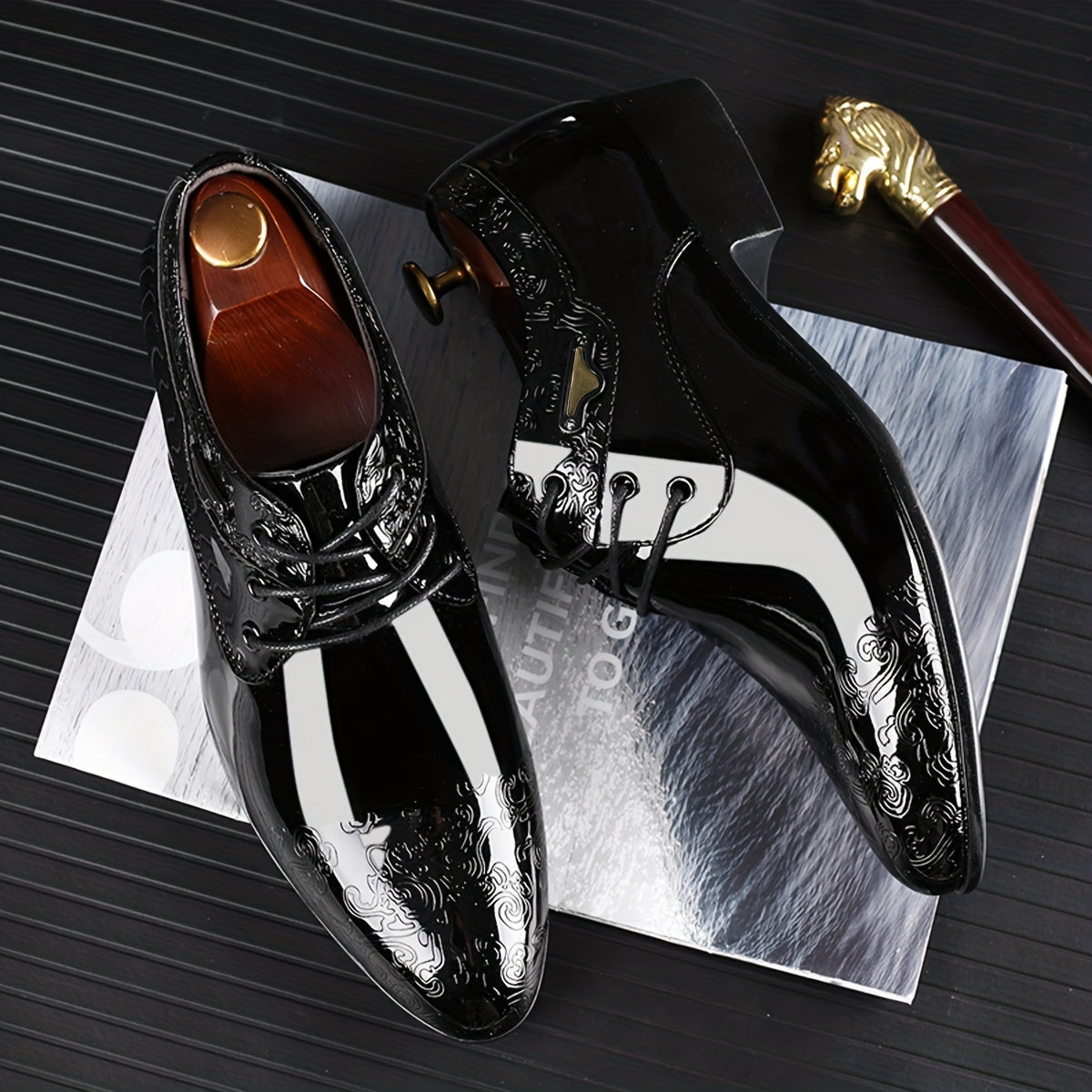 Elegant Men's Glossy Derby Shoes - Striped Lace-Up Dress Footwear with Comfortable Rubber Sole for Formal Occasions