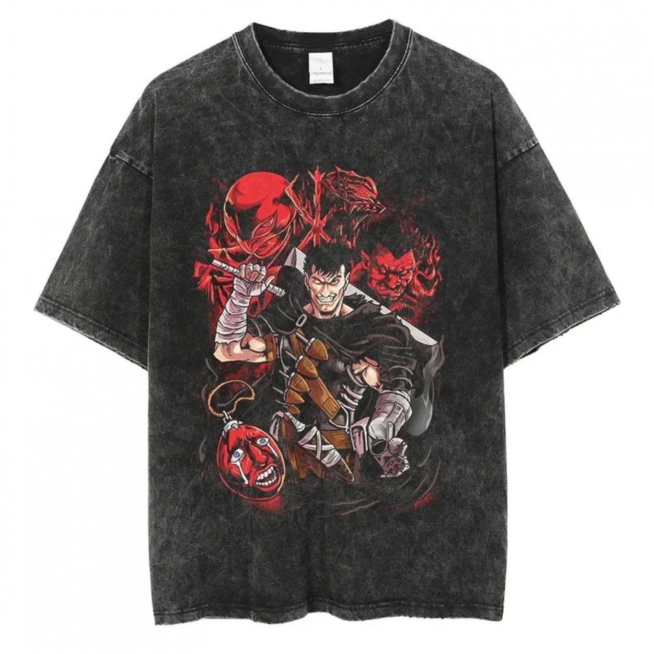 Men Streetwear Vintage Black Tshirt Harajuku Japanese Anime Print T-Shirt Summer Short Sleeve Cotton Loose Washed Tops Tees