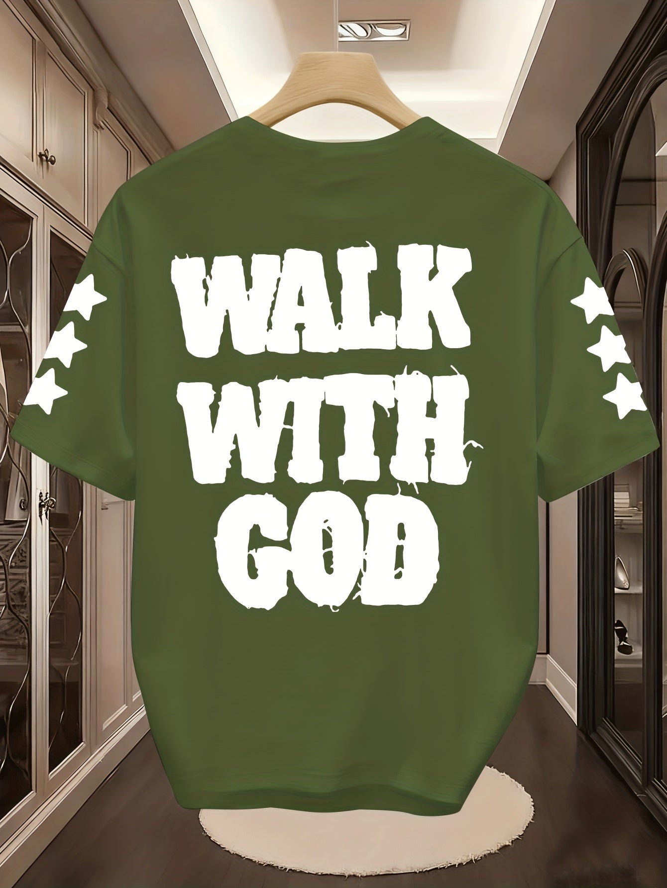 Men'S "Walk with God" Graphic Tee - Black Short Sleeve with White Lettering & Star Accents, Street Style, Comfortable Summer Shirt for Casual Outings, Everyday Tshirt | Bold Graphic Tee | Comfortable Fabri