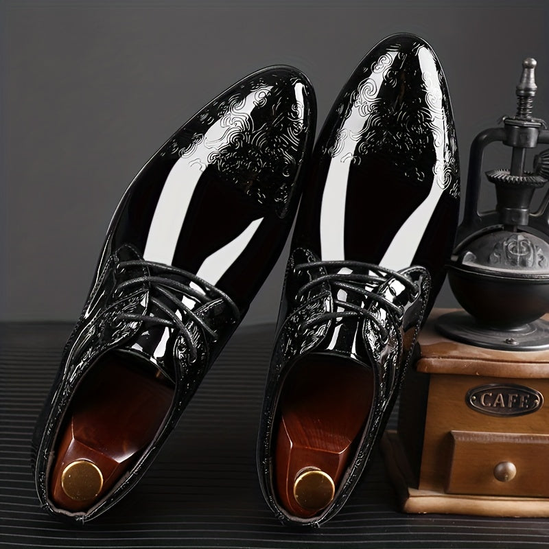 Elegant Men's Glossy Derby Shoes - Striped Lace-Up Dress Footwear with Comfortable Rubber Sole for Formal Occasions
