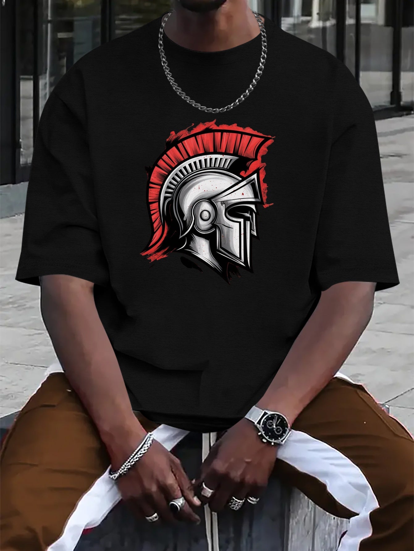 Men'S Spartan Helmet Graphic T-Shirt - Casual Polyester Short Sleeve Tee with Gladiator Design, Black, Summer Fashion, Everyday Tshirt | Graphic Print Tee | Sleek Black Fabric