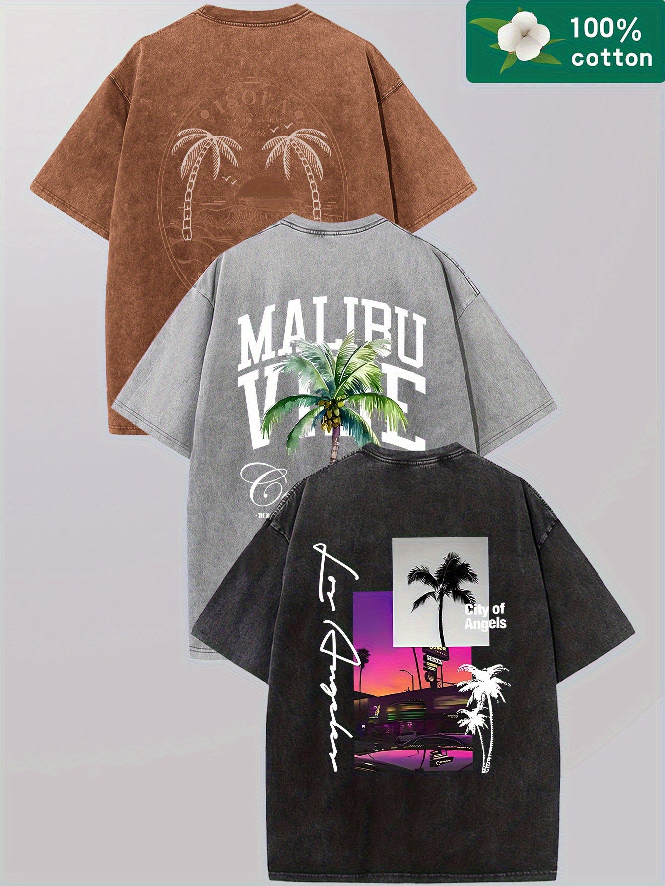 3pcs Men's Graphic T-Shirts - Summer Casual Short Sleeve Tees with Palm Tree, Malibu Vacation & Tropical Sunset Designs, 100% Cotton Loose Fit for Beach, Parties, Outdoor Activities, Beach Party Apparel, Vacationthemed Shirts