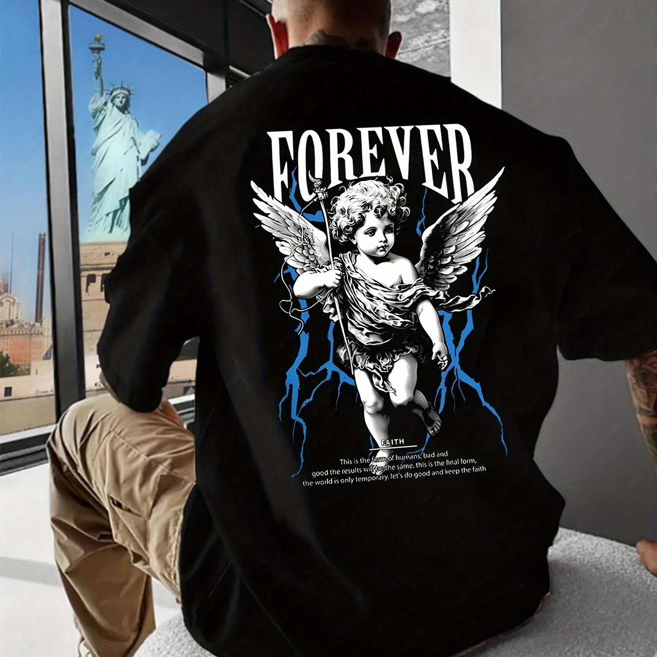 Men's "FOREVER" Angel Graphic T-Shirt - Soft, Stretchy Polyester Knit, Casual Summer Style, Crew Neck, Short Sleeve with Winged Boy Design, Casual Summer Wear|Bold Print Shirt|Glossy Fabric, Angel Tshirt