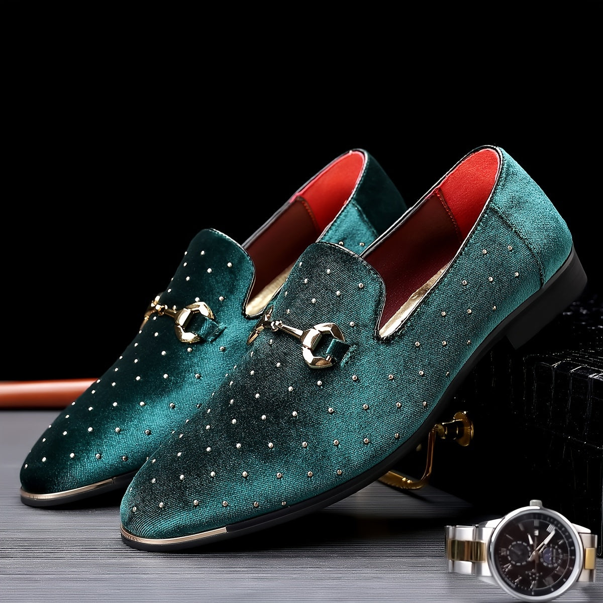 Glittering Mens Horsebit Loafers with Rhinestones - Ultra-Comfortable, Non-Slip Slip-Ons for Spring & Summer - Stylish Mens Dress Shoes