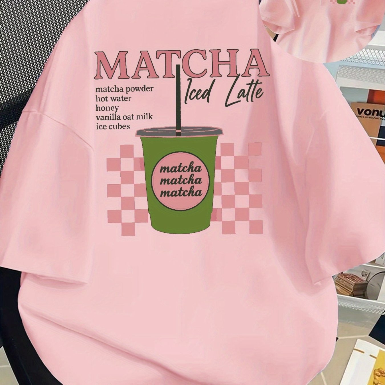 [Trendy, Matcha Lover Tee] Trendy Casual Tee - Women's Matcha Lover Graphic Tee | Light Pink with Green & White Checkered Design, "Matcha Powder Hot Water Vanilla Oat Milk Ice Cubes" Print, Casual Short Sleeve Crew Neck, Perf