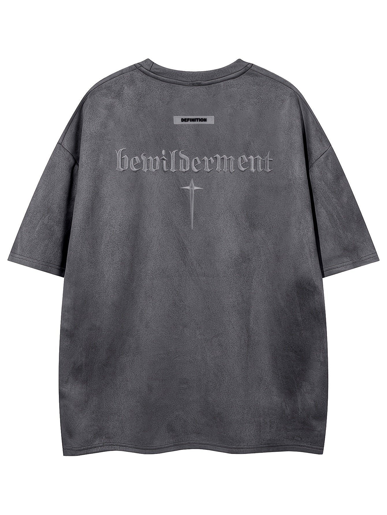 Men'S Casual Streetwear Embroidered Suede-Like Short Sleeve T-Shirt - Loose Fit, Round Neck, Summer Fashion, Black with White Cross Design, Everyday Tshirt | Streetwear Style | Suede Texture