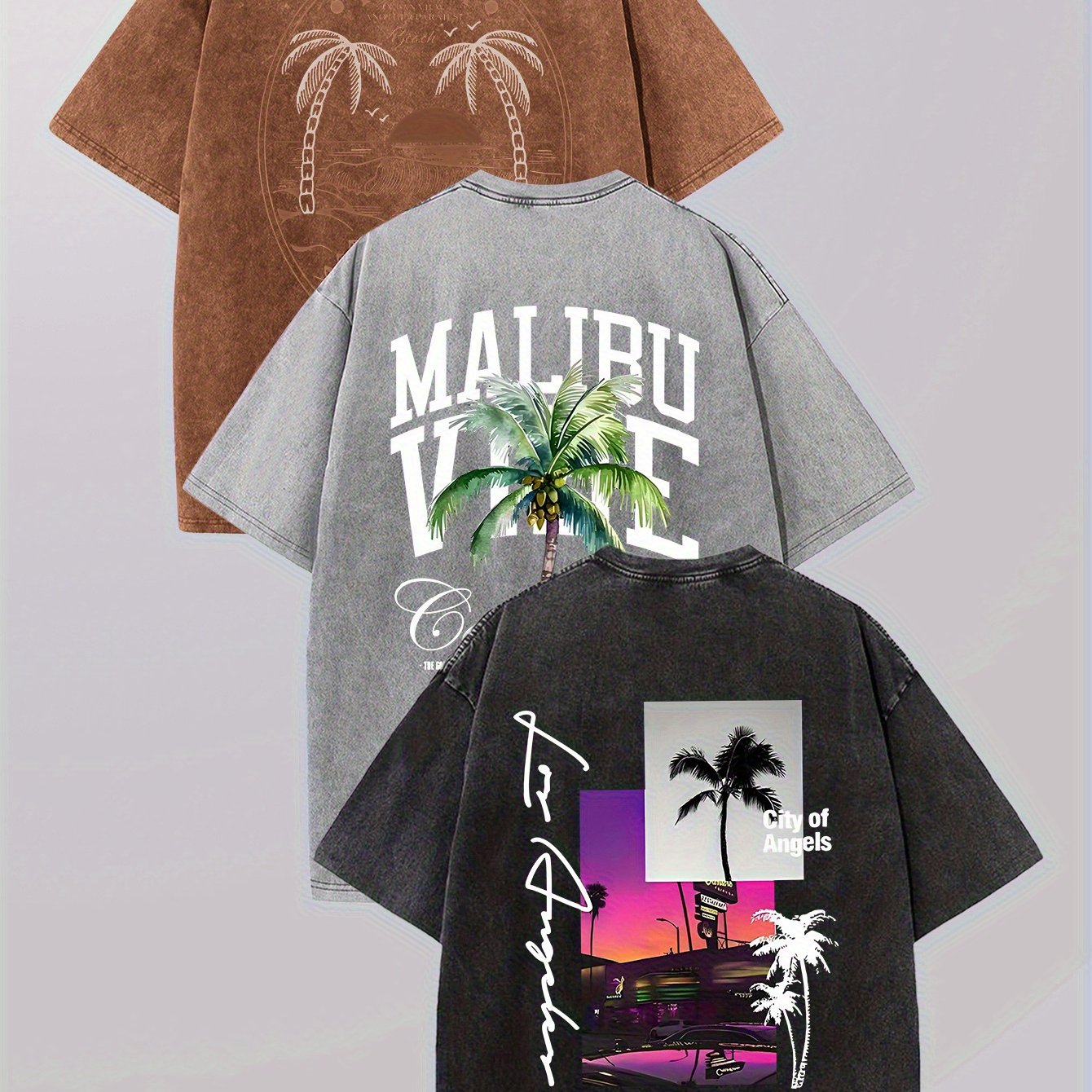 3pcs Men's Graphic T-Shirts - Summer Casual Short Sleeve Tees with Palm Tree, Malibu Vacation & Tropical Sunset Designs, 100% Cotton Loose Fit for Beach, Parties, Outdoor Activities, Beach Party Apparel, Vacationthemed Shirts