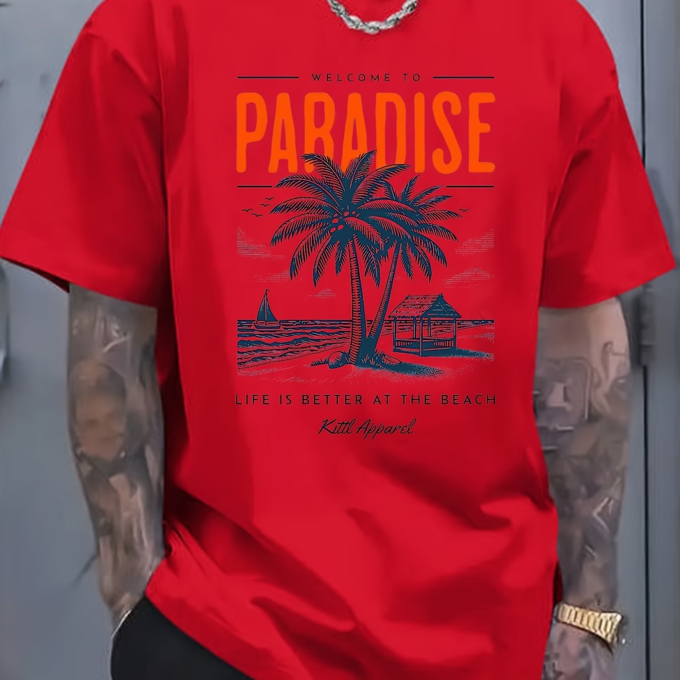 Men's Summer Casual Short Sleeve T-Shirt - 100% Cotton Relaxed Fit Round Neck Tee with Tropical Beach Paradise Graphic Print, Machine Washable for Outdoor & Daily Wear, Summer Clothing | Slogan Tshirt