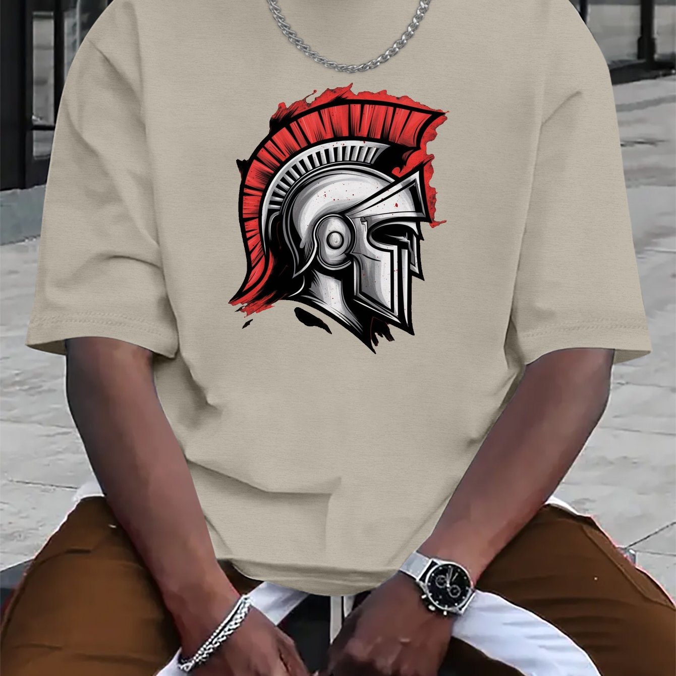 Men'S Spartan Helmet Graphic T-Shirt - Casual Polyester Short Sleeve Tee with Gladiator Design, Black, Summer Fashion, Everyday Tshirt | Graphic Print Tee | Sleek Black Fabric