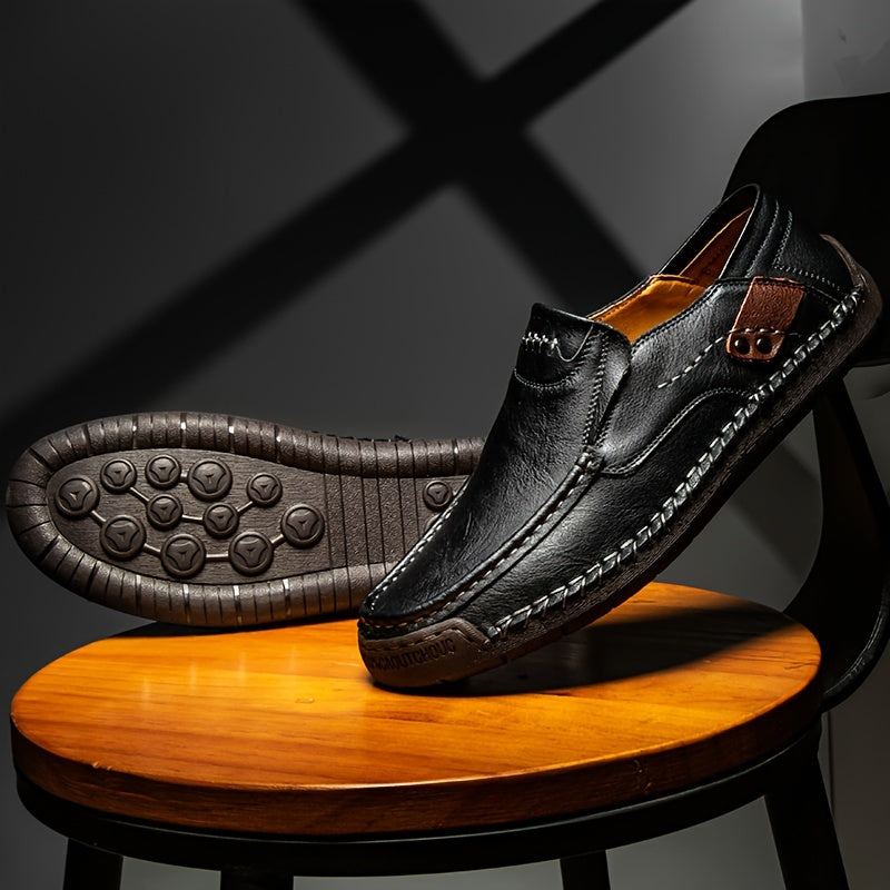 Men's Loafer Shoes, Round Toe Lightweight Non-slip Slip On Leather Dress Shoes For Business Meeting, Outdoor Walking