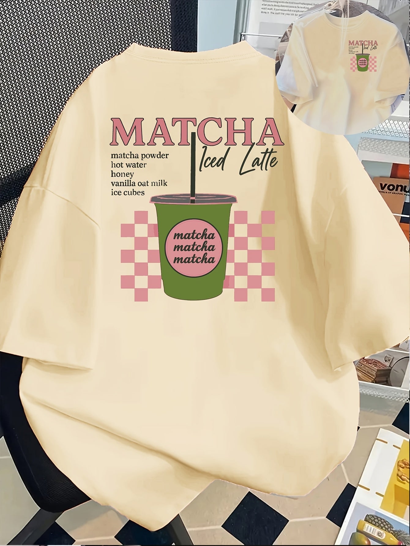 [Trendy, Matcha Lover Tee] Trendy Casual Tee - Women's Matcha Lover Graphic Tee | Light Pink with Green & White Checkered Design, "Matcha Powder Hot Water Vanilla Oat Milk Ice Cubes" Print, Casual Short Sleeve Crew Neck, Perf