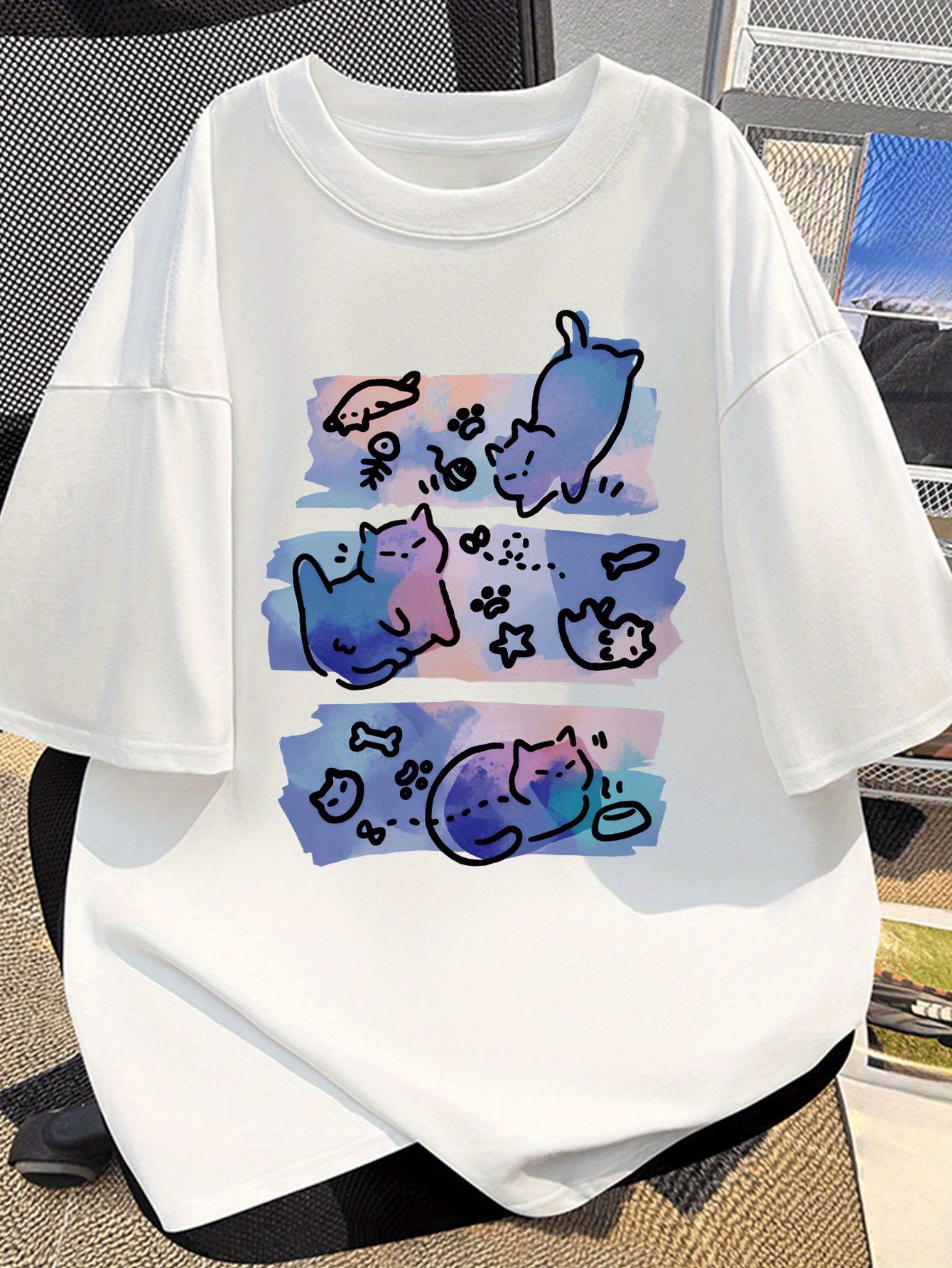 1pc Men'S & Women'S Anime Cat Graphic T-Shirt - Soft Fabric Retro Casual Tee with Playful Cat & Star Design, Short Sleeve Round Neck, Unisex Comfort for All-Season Casual Attire, Cat Tshirt, Allseason Apparel, Skinfriendly Ma