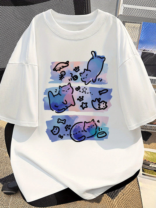 1pc Men'S & Women'S Anime Cat Graphic T-Shirt - Soft Fabric Retro Casual Tee with Playful Cat & Star Design, Short Sleeve Round Neck, Unisex Comfort for All-Season Casual Attire, Cat Tshirt, Allseason Apparel, Skinfriendly Ma