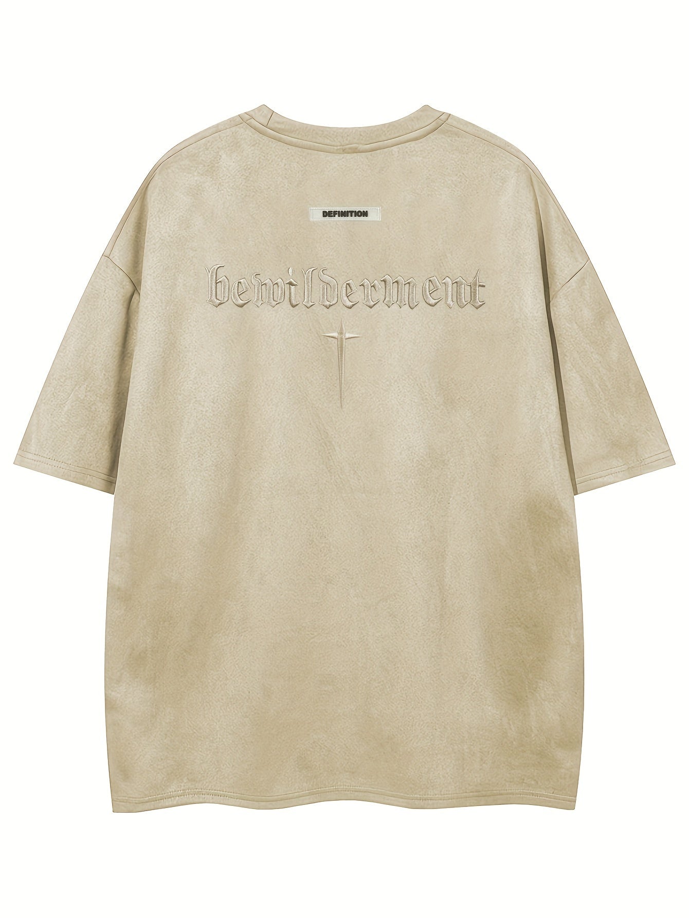 Men'S Casual Streetwear Embroidered Suede-Like Short Sleeve T-Shirt - Loose Fit, Round Neck, Summer Fashion, Black with White Cross Design, Everyday Tshirt | Streetwear Style | Suede Texture