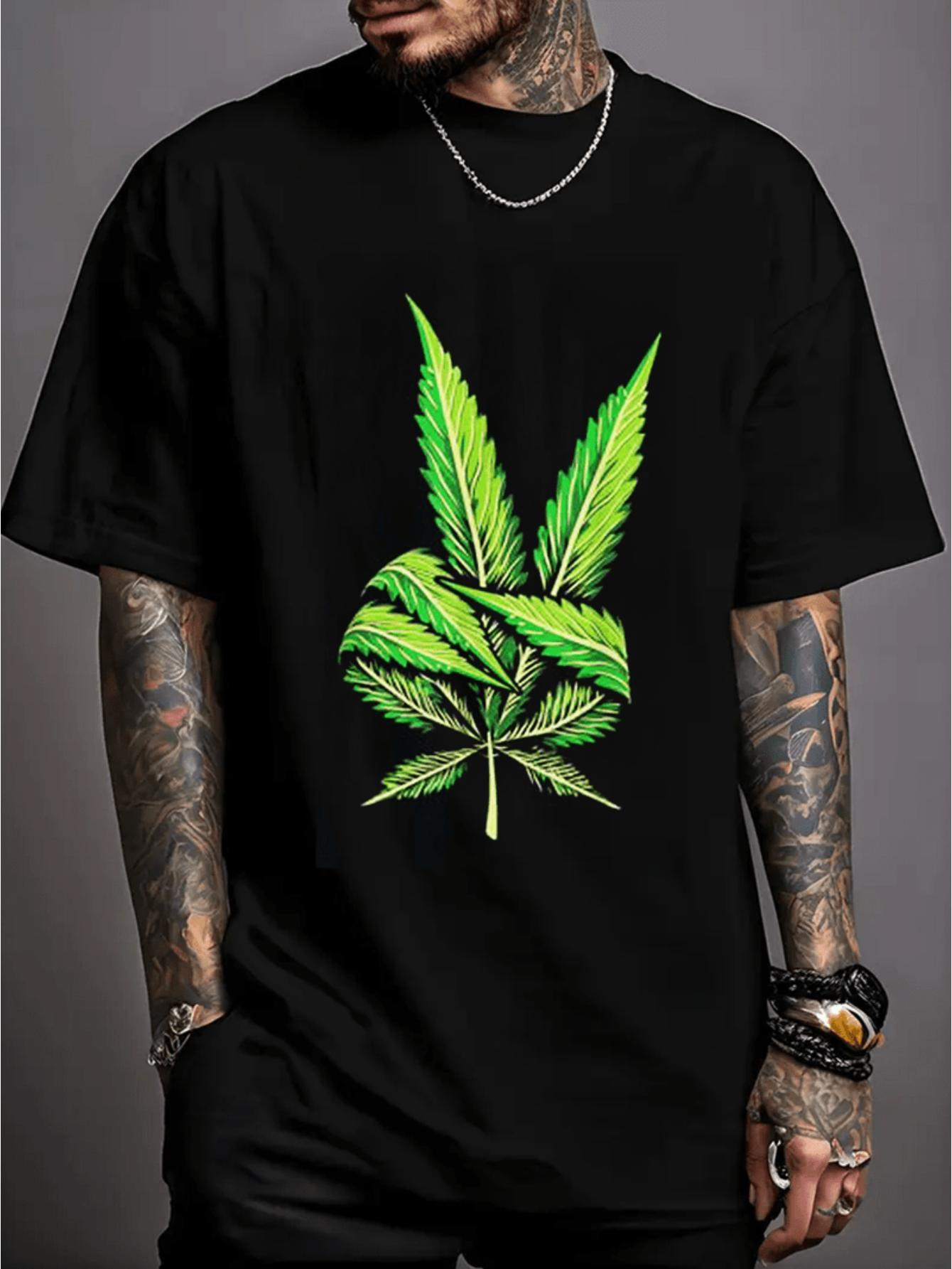 1pc Men'S Cotton T-Shirt with Bold Leaf Print - Black Casual Short Sleeve Tee, Regular Fit, Stretch Fabric, Comfortable for Casual Attire, All-Season Wear, Everyday Tshirt | Bold Graphic Tee | Cotton Tshirt